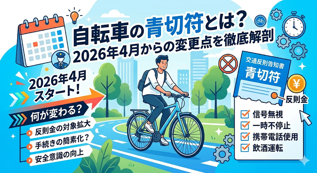 自転車の青切符とは？2026年4月からの変更点を説明するイラスト
