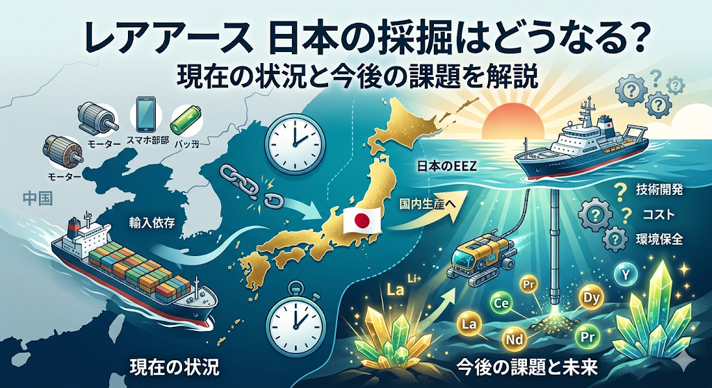レアアース 日本の採掘はどうなる?に関する日本と海洋を示すイラスト