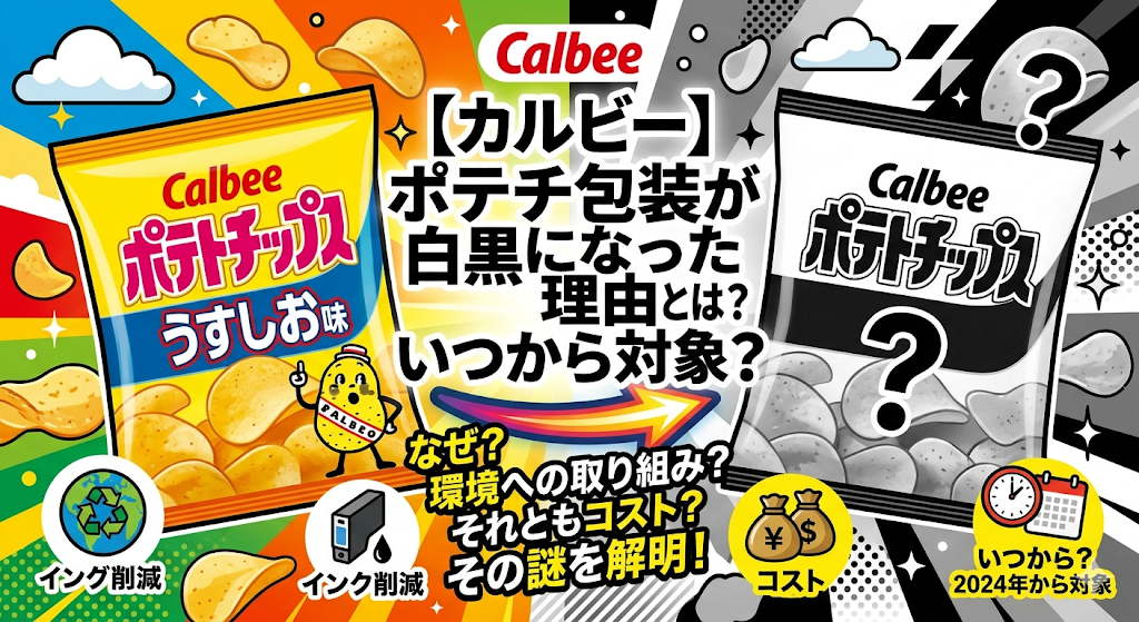 【カルビー】ポテチ包装が白黒になった理由とは？いつから対象？に関するイラスト