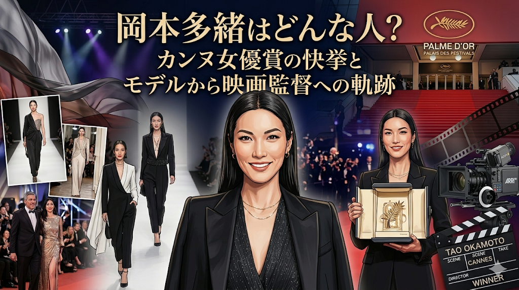 岡本多緒はどんな人？カンヌ女優賞の快挙とモデルから映画監督への軌跡を表現したイラスト