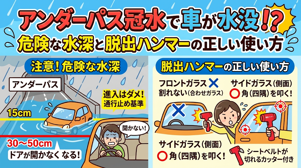 アンダーパス冠水で車が水没？危険な水深と脱出ハンマーの正しい使い方