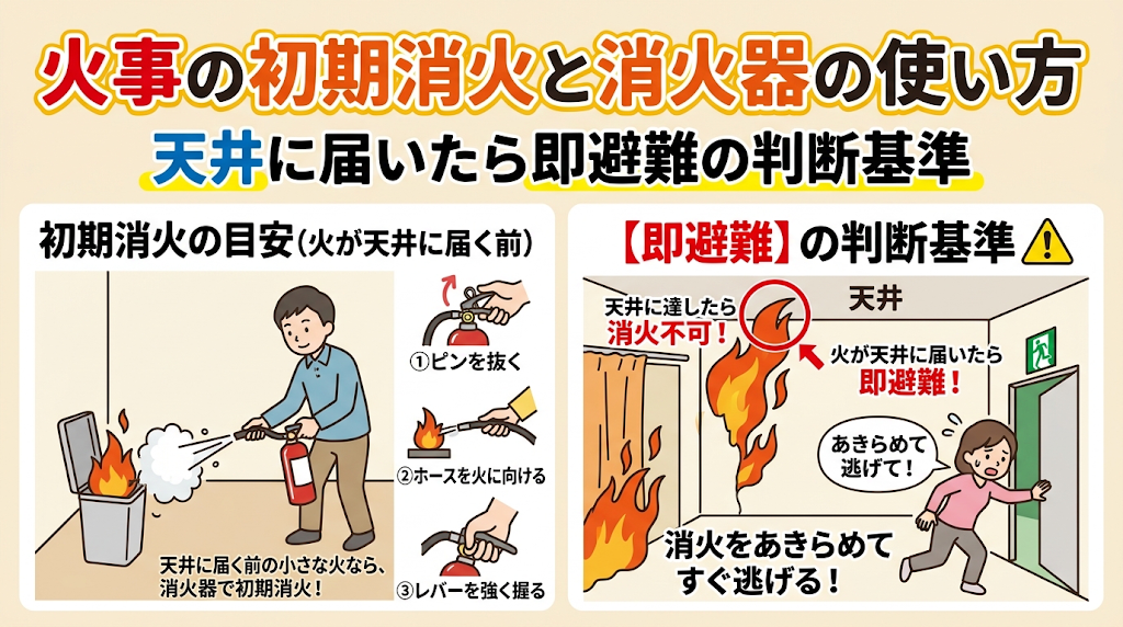 火事の初期消火と消火器の使い方｜天井に届いたら即避難の判断基準