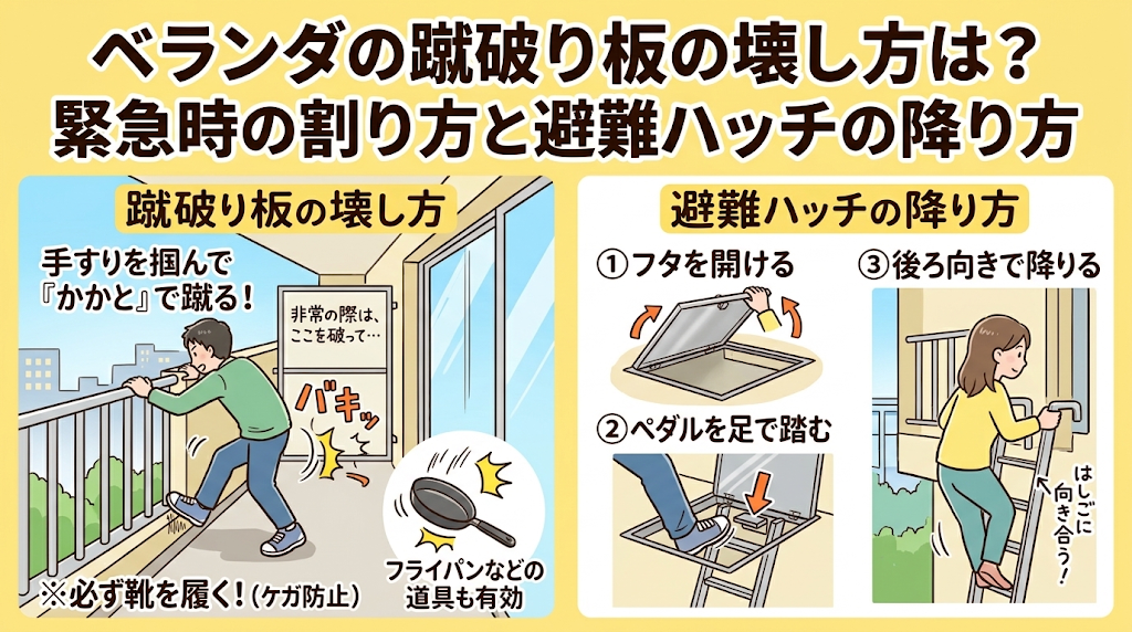 ベランダの蹴破り板の壊し方は？緊急時の割り方と避難ハッチの降り方