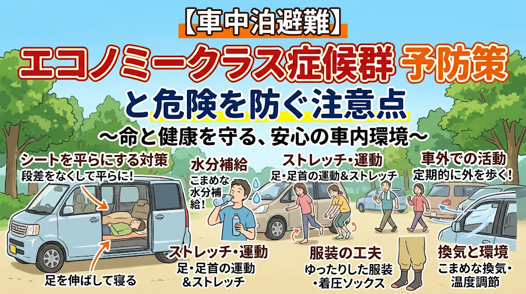 車中泊避難の際のエコノミークラス症候群予防策と危険を防ぐ注意点