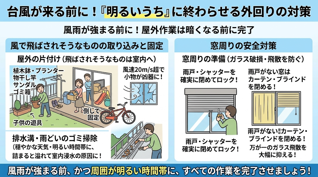 直前3時間前までに外回りと窓の対策