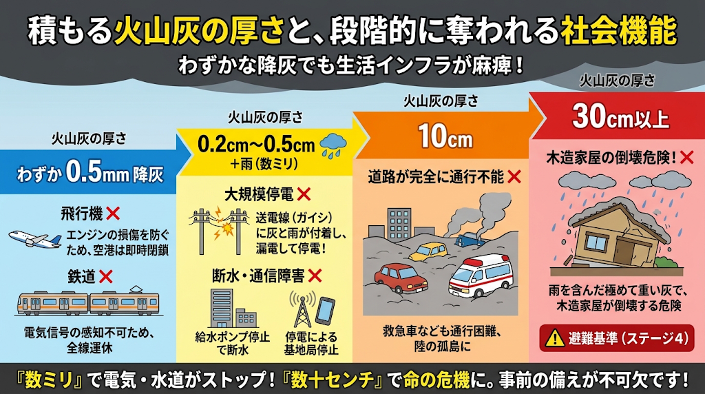 降灰の厚さによって生じるライフライン停止の連鎖