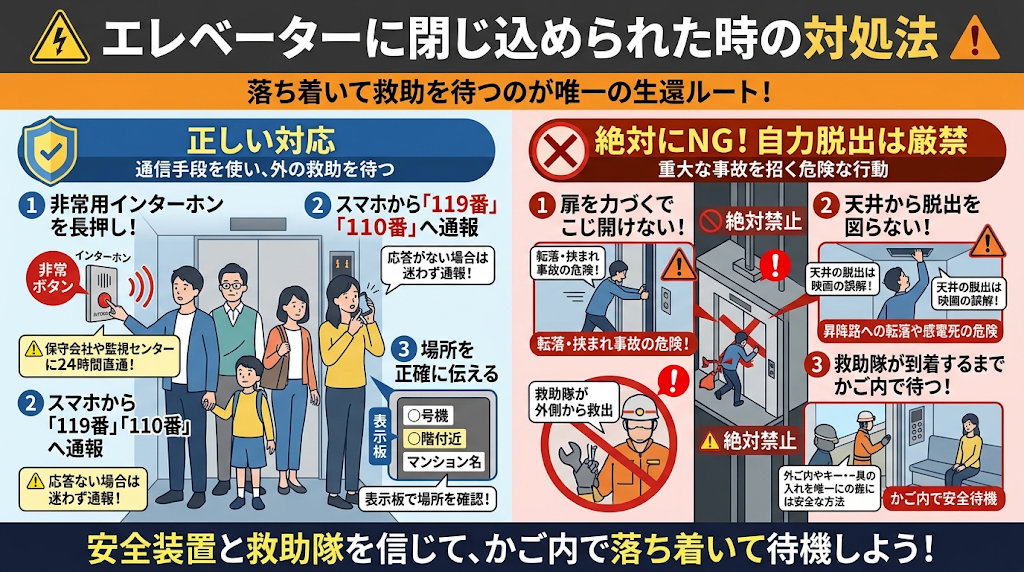 エレベーターに閉じ込められたらどうする？非常ボタンと外部連絡の正しい手順