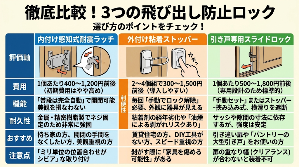 タイプ別に比較する食器棚の地震対策飛び出し防止ロック