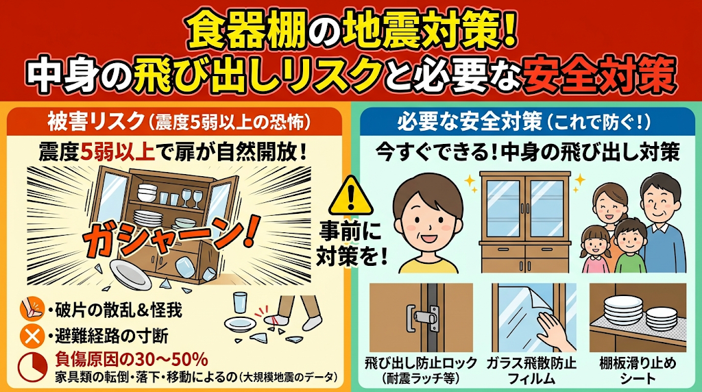 食器棚の地震対策！飛び出し防止ロックの選び方と後付け法