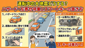 運転中の地震はどうする？ハザード・左寄せ停車とスマートキーの置き方