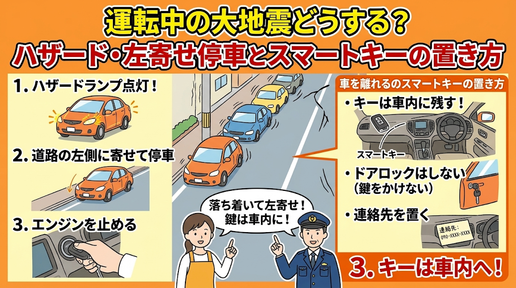 運転中の地震はどうする？ハザード・左寄せ停車とスマートキーの置き方