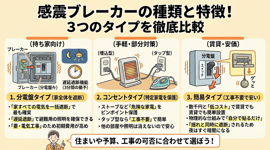 感震ブレーカーの種類と特徴！3つのタイプを徹底比較