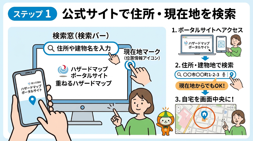 公式サイトを開き住所・現在地を検索する