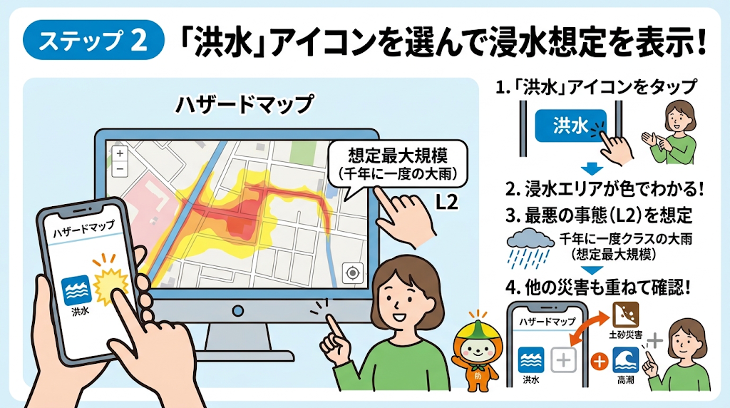 「洪水」アイコンを選択して浸水想定を表示する