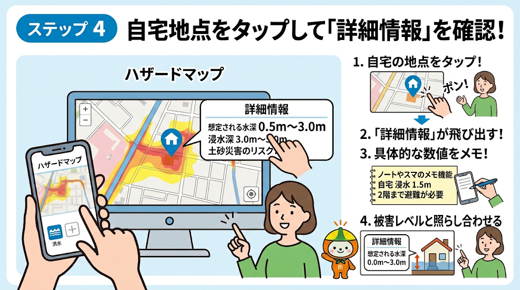 自宅地点をタップして「詳細情報」をポップアップ表示する