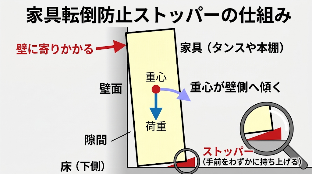 家具の下に挟むストッパーの仕組み